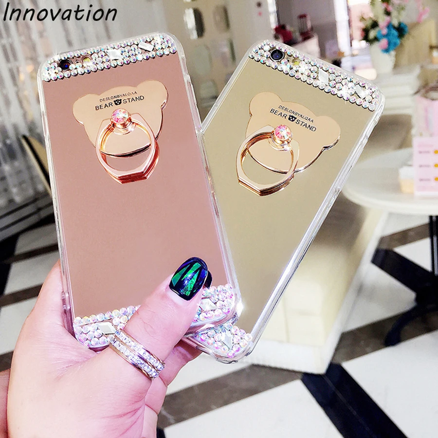 

Diamond Crystal Rhinestone Glitter Mirror Case For iPhone 8 7 6 6S Plus Soft TPU Back Cover With Ring Holder Stand Phone Case