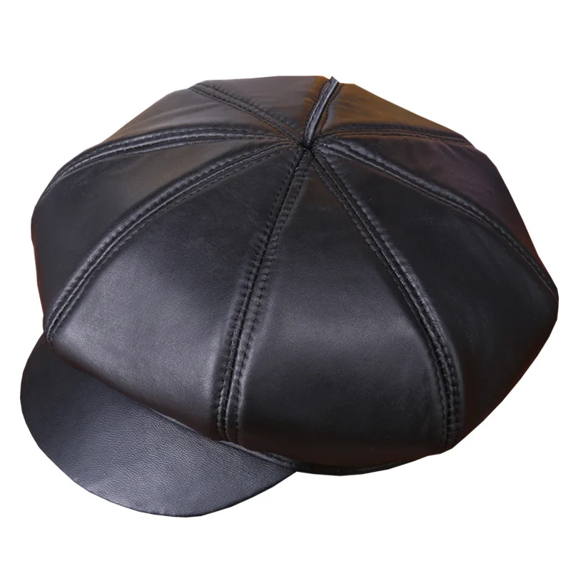 Men's Leather Hat Male Autumn Winter Warm Hat Adult Sheepskin Leather Hat students Outdoor Leisure Leather Octagonal Cap B-7272