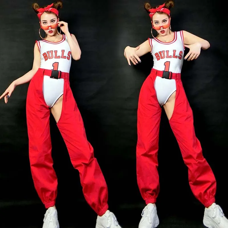 Jazz Dance Costumes Female Sleeveless Bodysuit Red Trousers Suits Women Adults Nightclub Dj Ds Gogo Show Wear Costume DNV11533