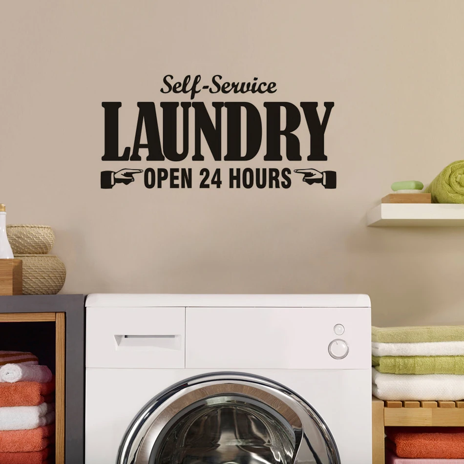 Laundry Store Sign Wall Vinyl Poster 24 Hours Self-service Vinyl Wall Decal Removable Laundry Room Wall Sticker Décor AZ804