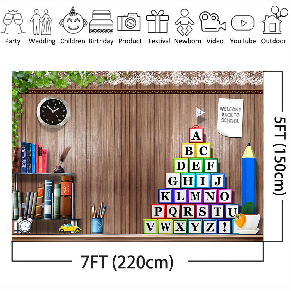 Back to School Backdrop for Photography Wooden Wall Books Letters Pencil Decoration Supplies for Children Photo Background Props