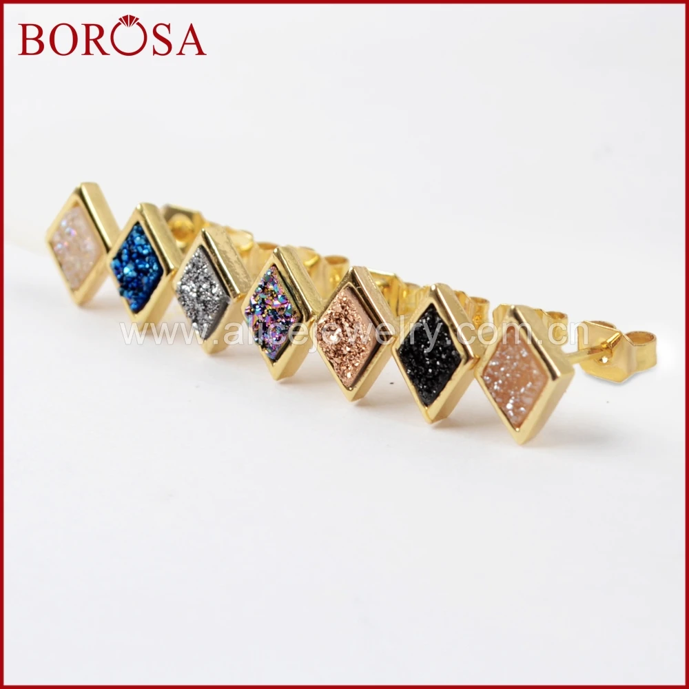 BOROSA 5/10Pairs Rhombic Gold Color Bezel Rainbow Titanium Druzy Stud Earrings Mix Colors Drusy Earring for Women Jewelry ZG0281