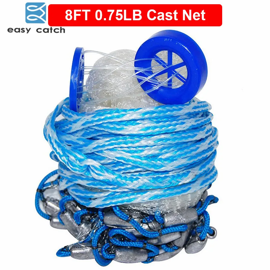 

Easy Catch 8 Feet Radius 0.75LB Fishing Cast Net American Heavy Duty Real Lead Weights Hand Throwing Trap Net With Bucket