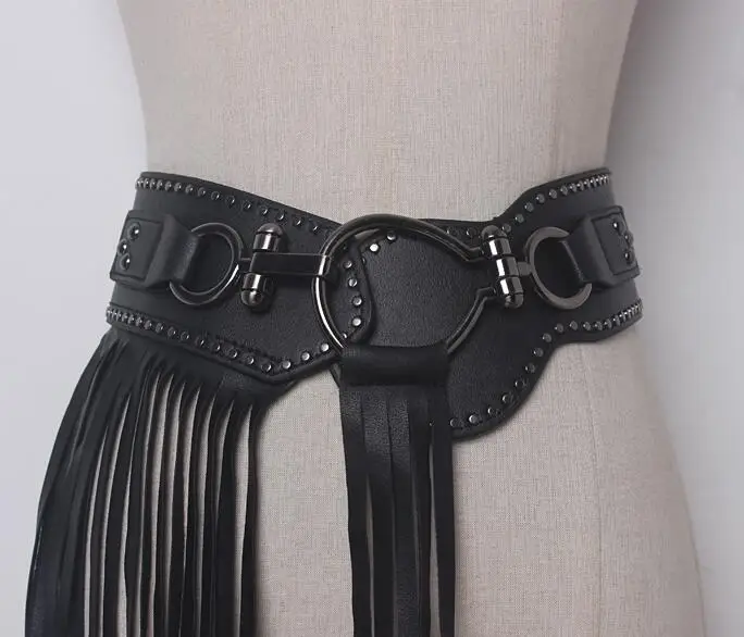 Vrouwen Runway Fashion Pu Leer Lange Kwastje Cumberbanden Vrouwelijke Koreaanse Mode Punk Decoratie Brede Elastische Lederen Riem R885