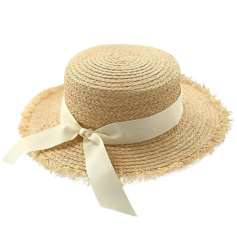 

Simple Women Summer Beach Raffia Black White Ribbon Hat Bow 100%Raffia Hat Temperament Flat Straw Hats Women's Sea Beach Hat