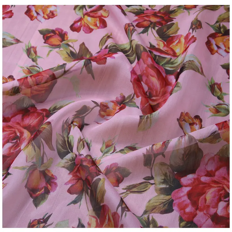 145cm Width Fashion Rose Flowers Black Thin Chiffon Fabric for Woman Girl Summer Long Beach Dresses DIY Cloth Sewing Material