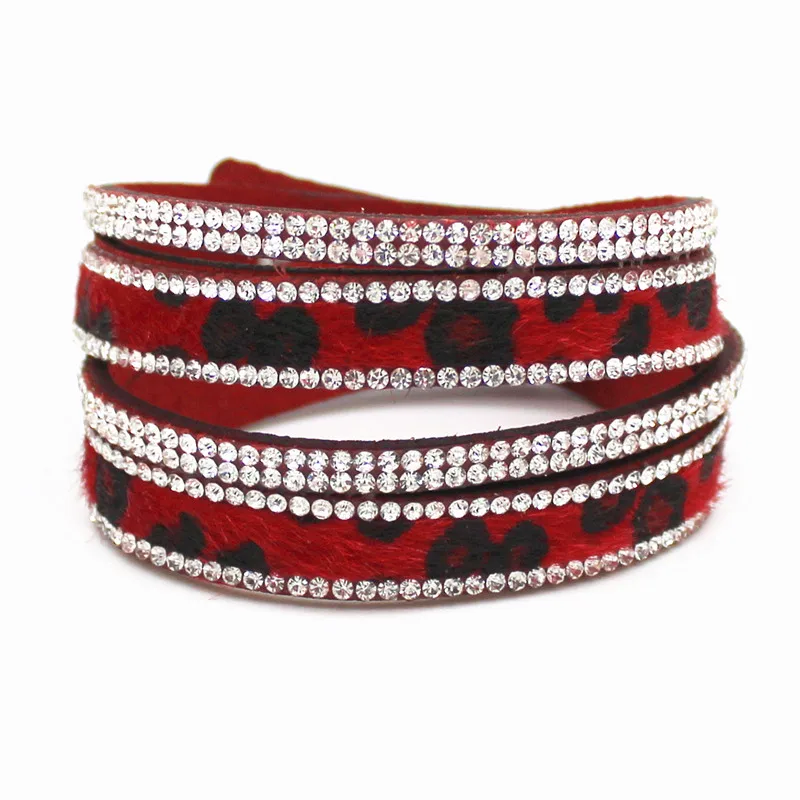 Hot 2024 Fashion Rhinestone Leather Wrap Bracelet Crystal Multilayer Leopard Grain Bracelets bangles for Women
