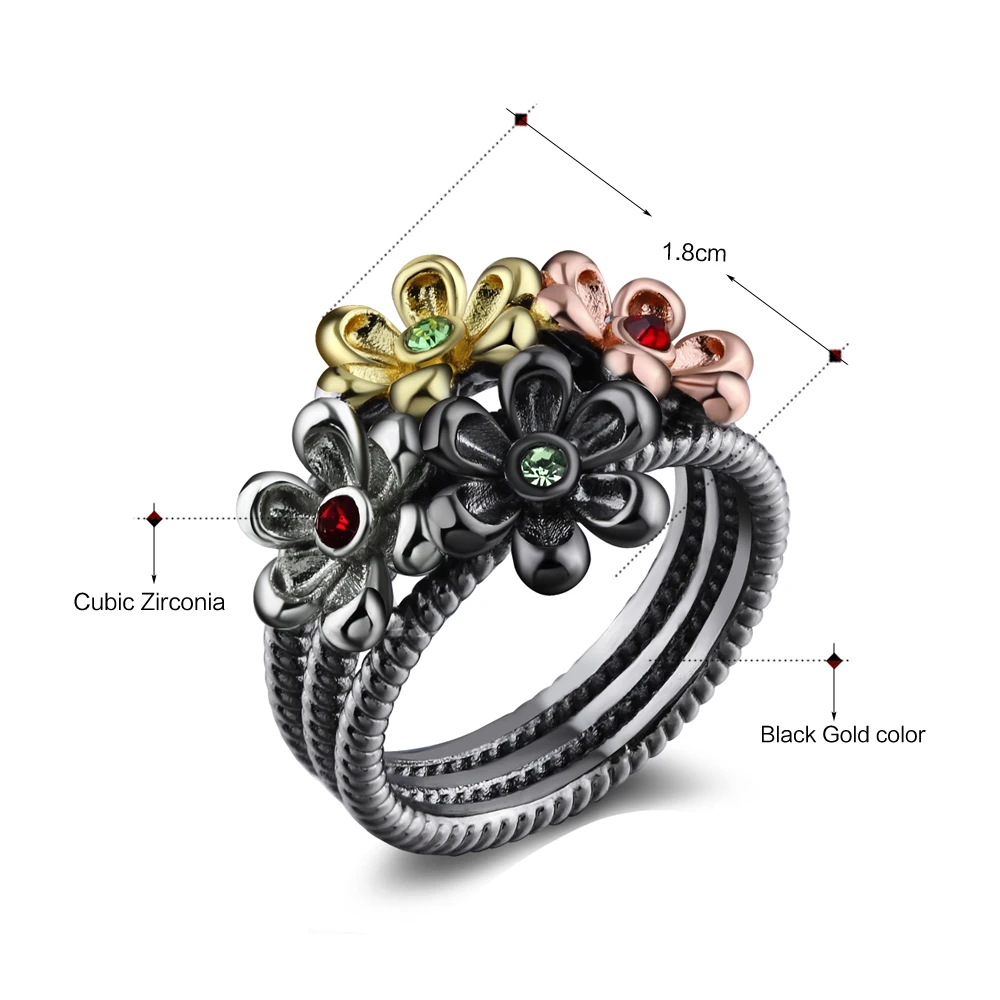 DreamCarnival 1989 New 4 Cute Muti Flowers Neo-Gothic Zirconia Vintage Ring for Women Black Gold Color Wholesales Gifts WA11533