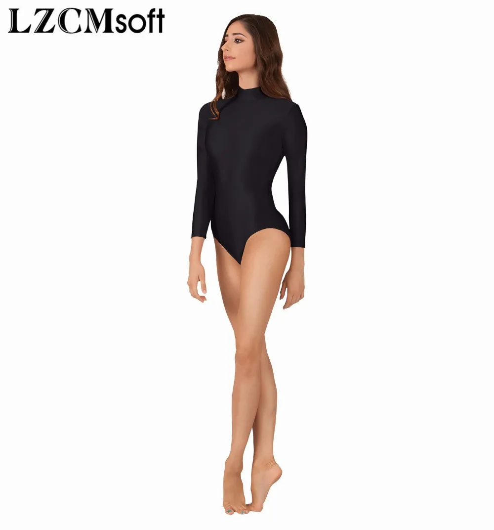 LZCMsoft Adult Long Sleeve Ballet Dance Gymnastics Leotards Bodysuit High Neck Elastic Black Leotard for Women Spandex Dancewear