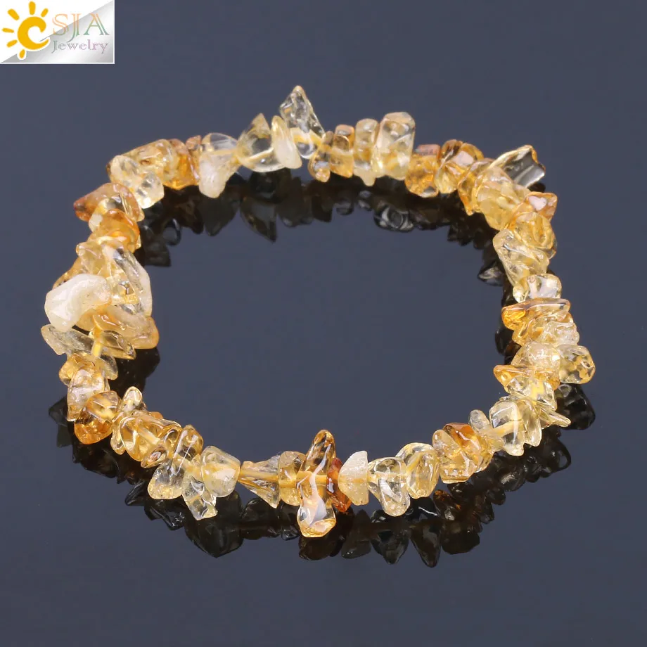 CSJA Natural Yellow Crystal Stones Beads Bracelet Irregular Gravel Quartz Bangles Healing Charm for Women Men Jewelry F157