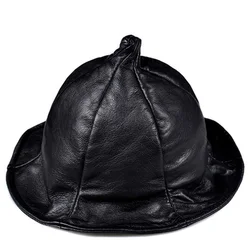 NEW Exclusive Unisex Vintage Black Genuine Leather Pot Wizard Hat Wome/Men Casual Street Big Brim All Saints' Day Beanies Caps