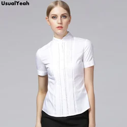 UsualYeah Women Blouses Summer  Elegant Short Sleeve Pleated Cotton Slim Hollow Out Lace Tops Shirts Blue White S - XXL