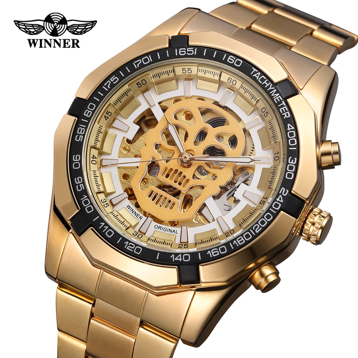 Fashion WINNER Top Steampunk Skull Auto Mechanical Watch Men Black Stainless Steel Strap Skeleton Dial Cool Design Wrist Watches