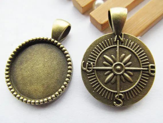 100pcs Heavy Antique Bronze/Anque Silver tone Vintage Compass Base Setting Pendant Charm/Finding,20mm Cabochon/Cameo Tray Bezel