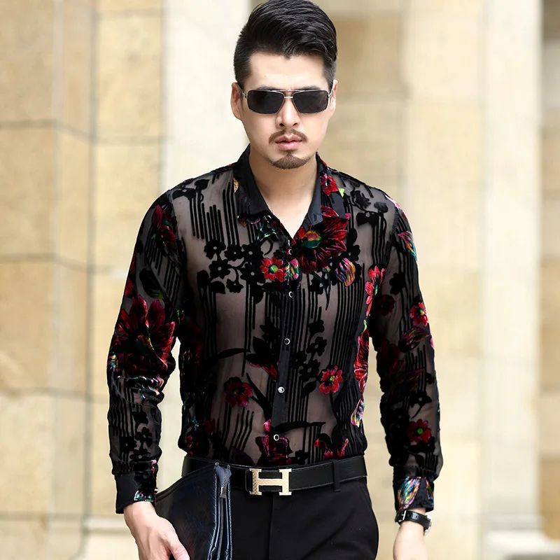 Men's Hollow Flowers Shirts Sexy See Through Clubwear Silk Clothes Male Long Sleeve Transparent Social Shirts