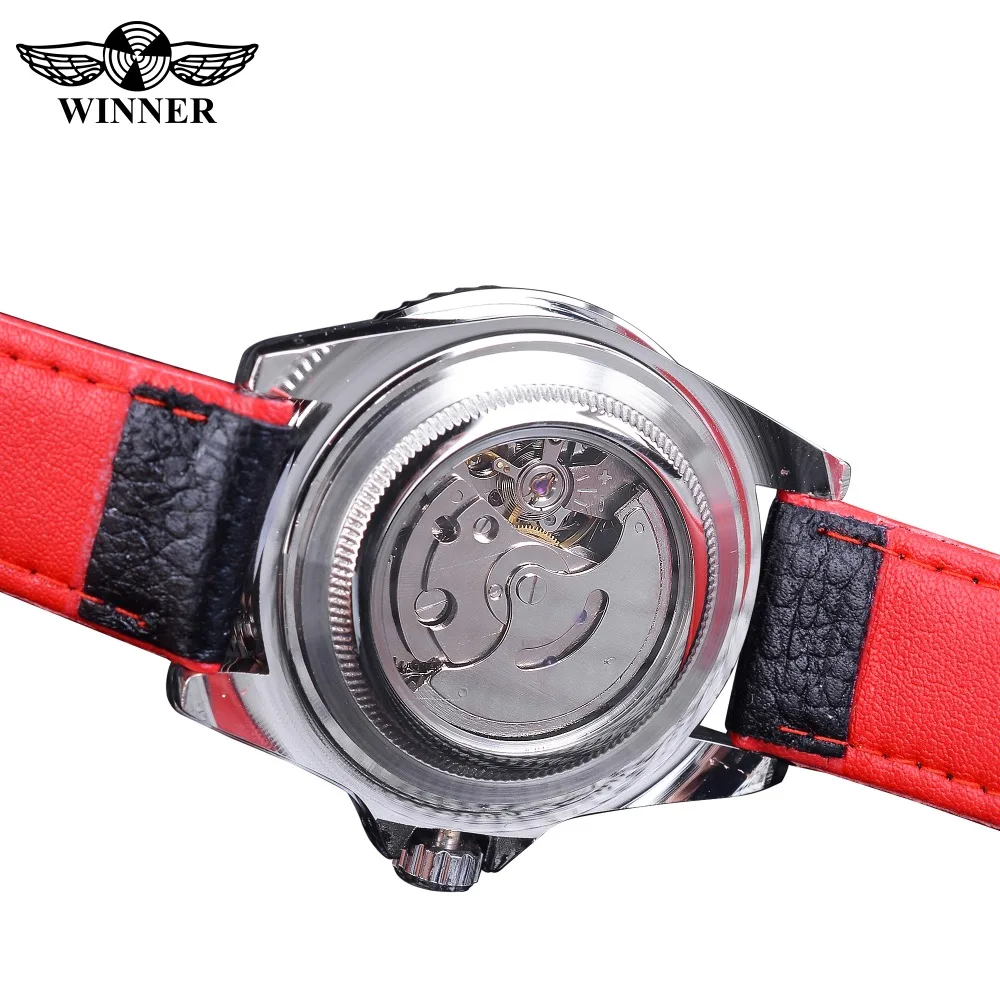 Winner 2018 Fashion Black Red Sport Watches Calendar Display Automatic Self-wind Watches for Men Luminous Hands Genuine Leather