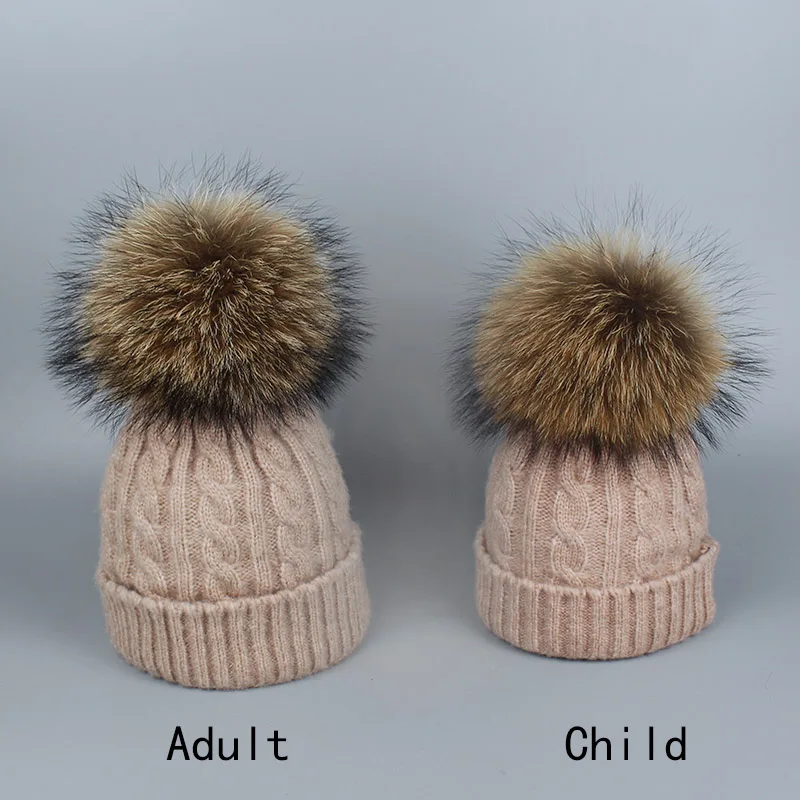 Real Fur Winter Hat Raccoon Two Pom Pom Hat For Women Brand Thick Women Hat Girls Caps Knitted Beanies Cap Wholesale 2018 New