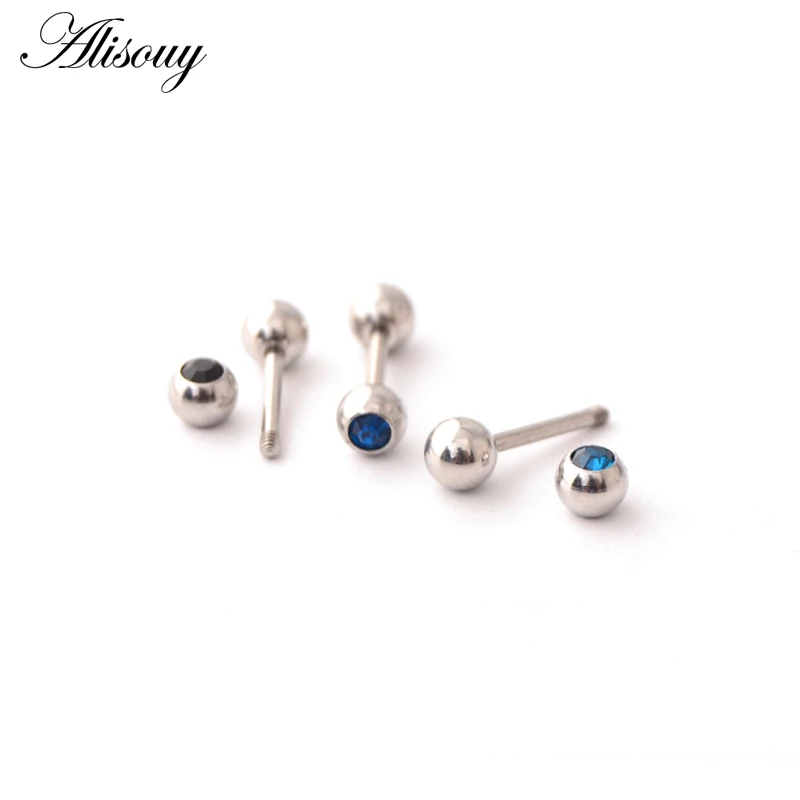 Alisouy 2Pcs Surgical Steel ball Round Crystal Cartilage Helix Barbell Bar Ear Stud Piercing 18G Earring Body Piercings Jewelry