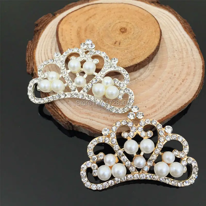 Queen Crowns 5pcs Large 35*49mm Flat Back crystal Crown with Pearl Embellishments Button for Flower Center Girl Hair Accessory