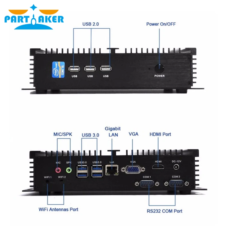 Partaker I3 Mini Computer Fanless Mini PC Windows 10 Core i7 8550U i7 8565U 2*RS232 industrial PC Rugged PC