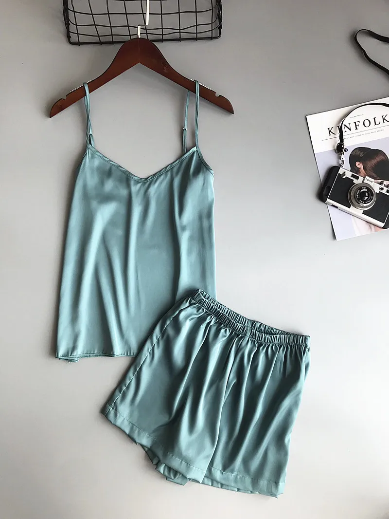 Freshing Summer Ice Silk Twinset Korean Fashion Solid Color Sexy Pajama Set Woman Summer Vest Shorts Suit Lingerie