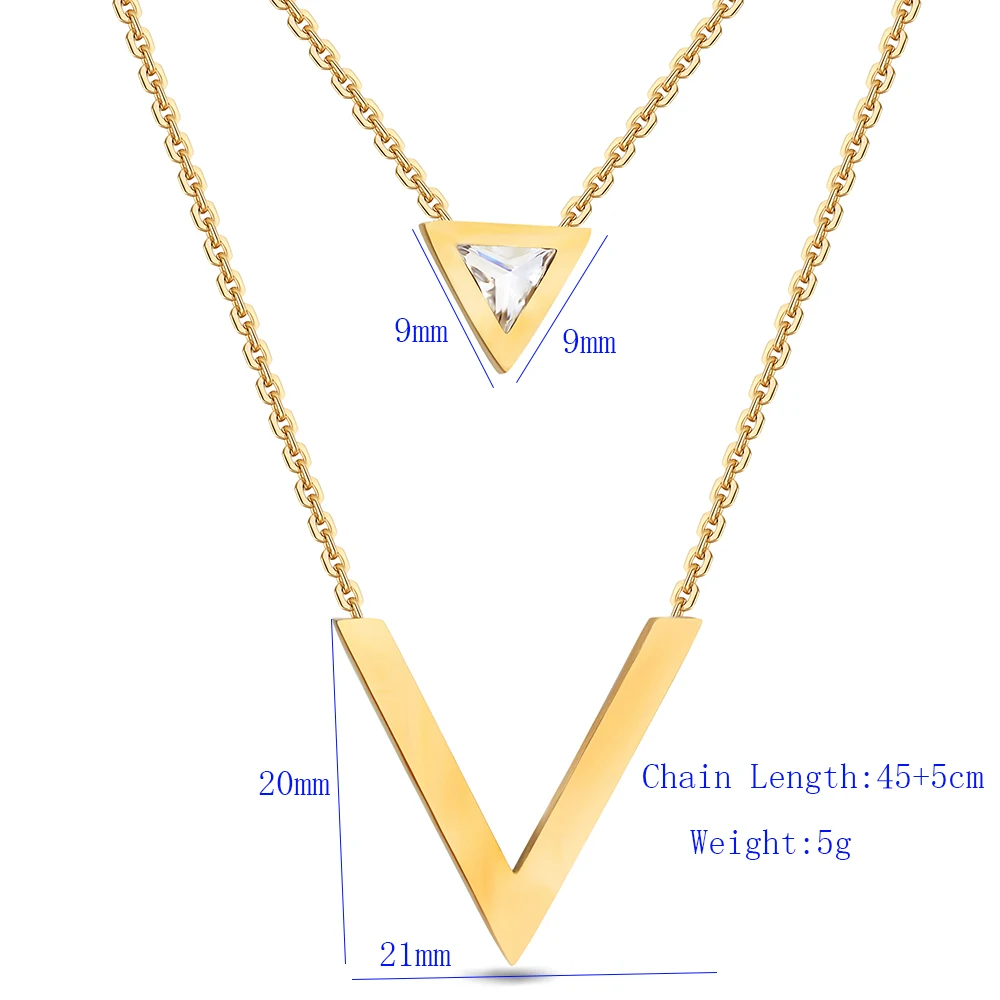 VQYSKO Gold-Color Double V Shape Necklace For Women Geometric Triange Cubic Zirconia Pendant & Necklace Trendy Collier