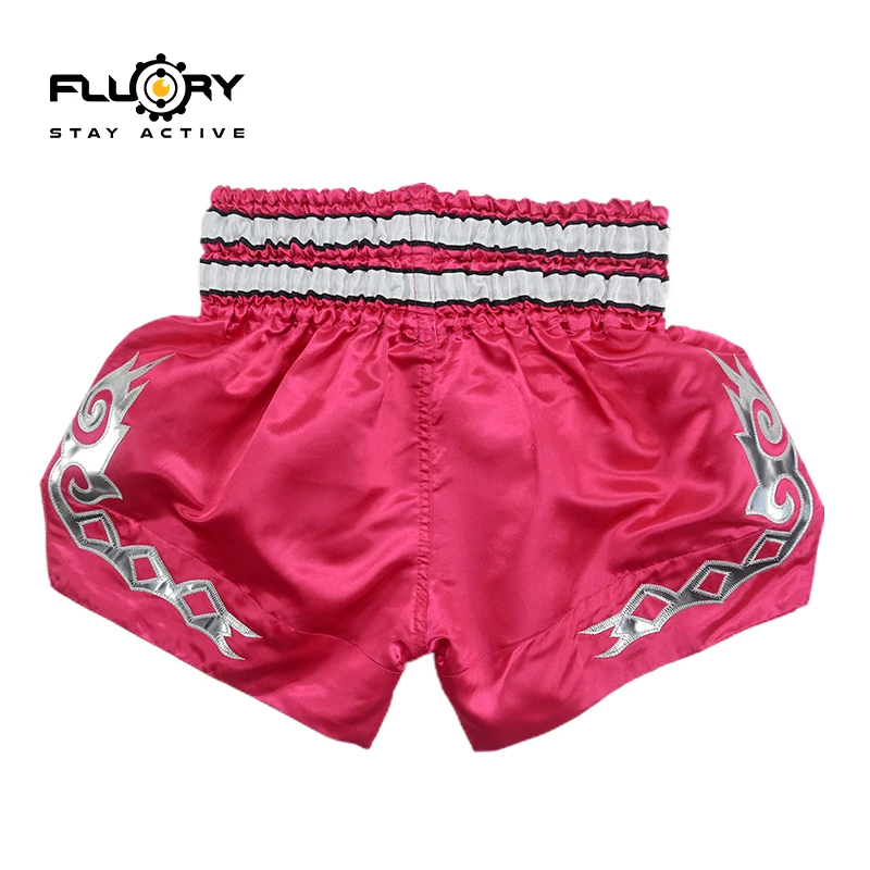 Giovani e bambini (ragazze e ragazzi) pantaloncini fluory Muay Thai patch ricamata pantaloncini da kick boxing colore moda rosa per il combattimento