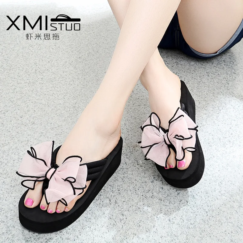 Female summer Slippers women Bow tie Slope cool flip flop Angle flip flops High heel Thick bottom shoes woman