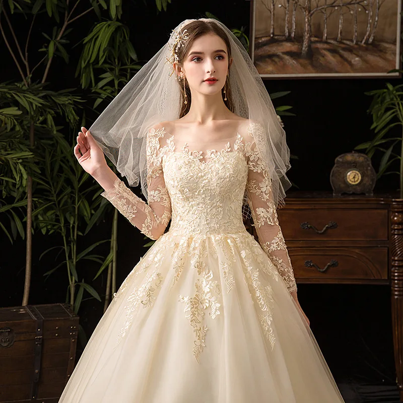 Champagne O Pescoço Manga Cheia 2023 Novo Vestido De Casamento Ilusão Rendas Bordado Simples Custom Made Vestido De Noiva Vestido De Noiva L