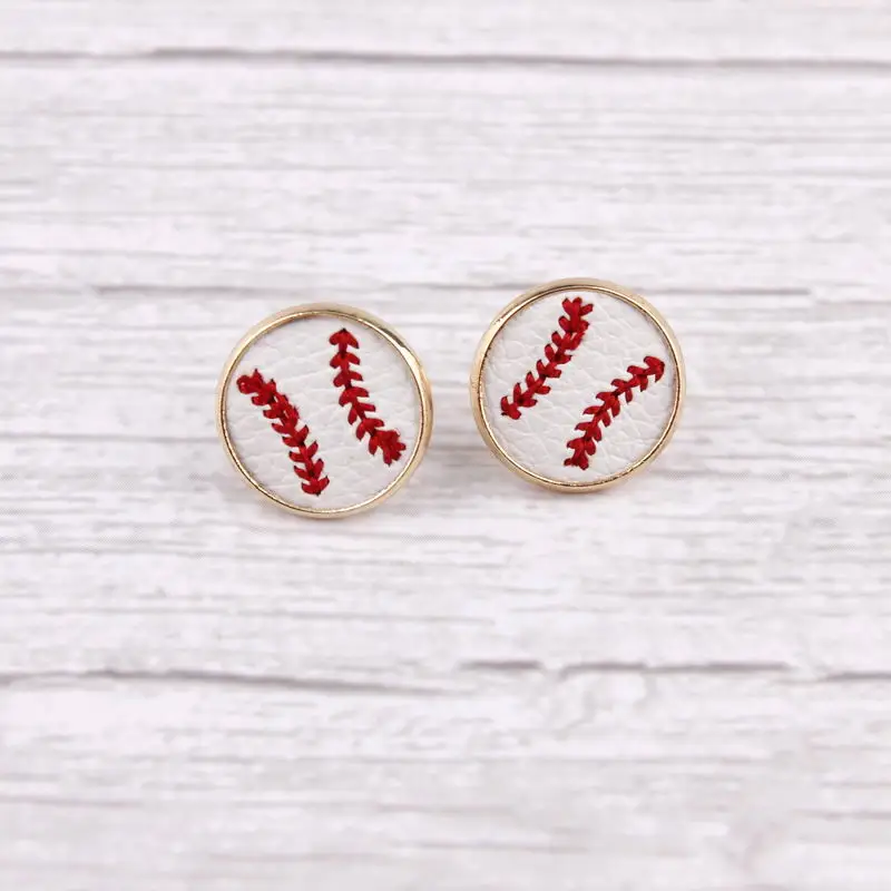 2019 New Arrival Embroidery Baseball Leather Round Stud Earrings For Women Mini Round Leather Sport Ear Stud Jewelry Wholesale