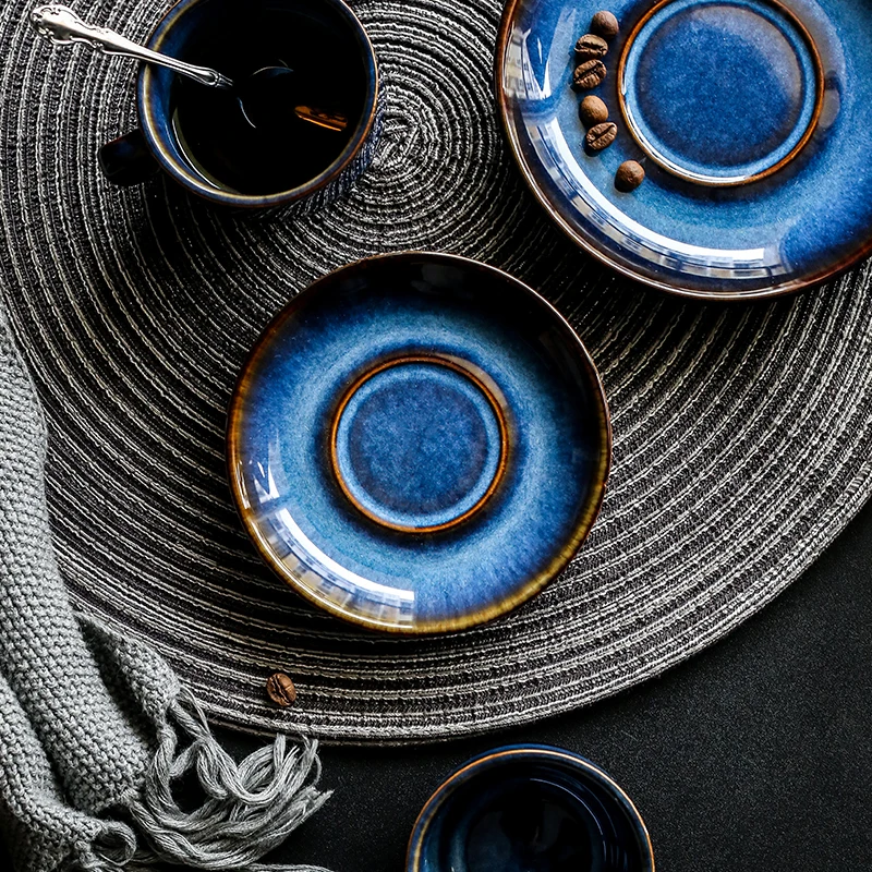 KINGLANG deep blue Ceramic Coffee Cup Saucer Set, breakfast cup, afternoon tea antique blue color Espresso coffee cup