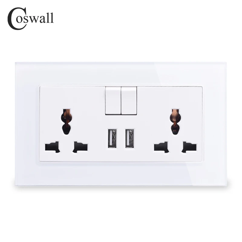 COSWALL 13A Universal Switched Socket 2 USB Charge Port For Mobile Output 2.1A Wall Outlet Crystal Glass Panel