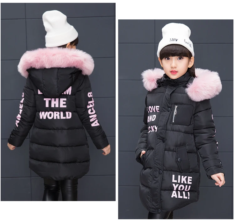 

2023 Winter New Girls Long Thickened Cotton Padded Jacket Children's Clothes Outerwear Kids Letters Printing Wadded Coat X241