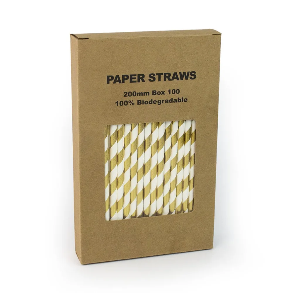 100 Pcs/Box Gold Foil Striped Paper Straws Bulk,Anniversary Wedding 1st 16 Birthday Christmas Party Bar Stripe Drinking Straws