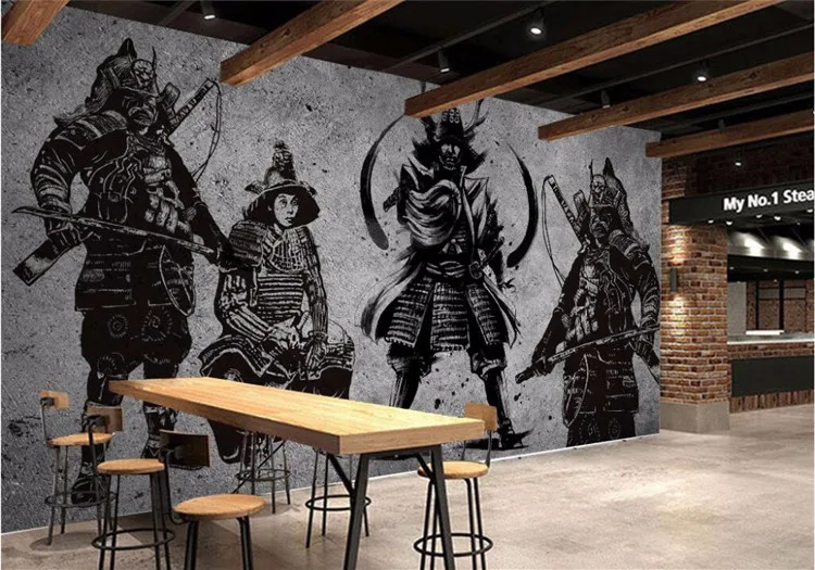 

Custom wallpaper large high-end retro hand-painted Japanese Samurai cement wall Japanese restaurant mural wall