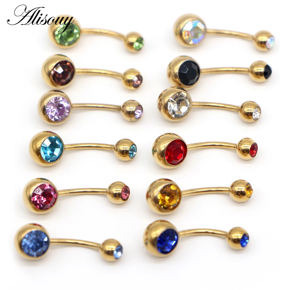 Alisouy 1pc Stainless Navel Rings Gold Color Anodized Belly Button Piercing Double Crystal Ombligo for Women 14G Body Jewelry