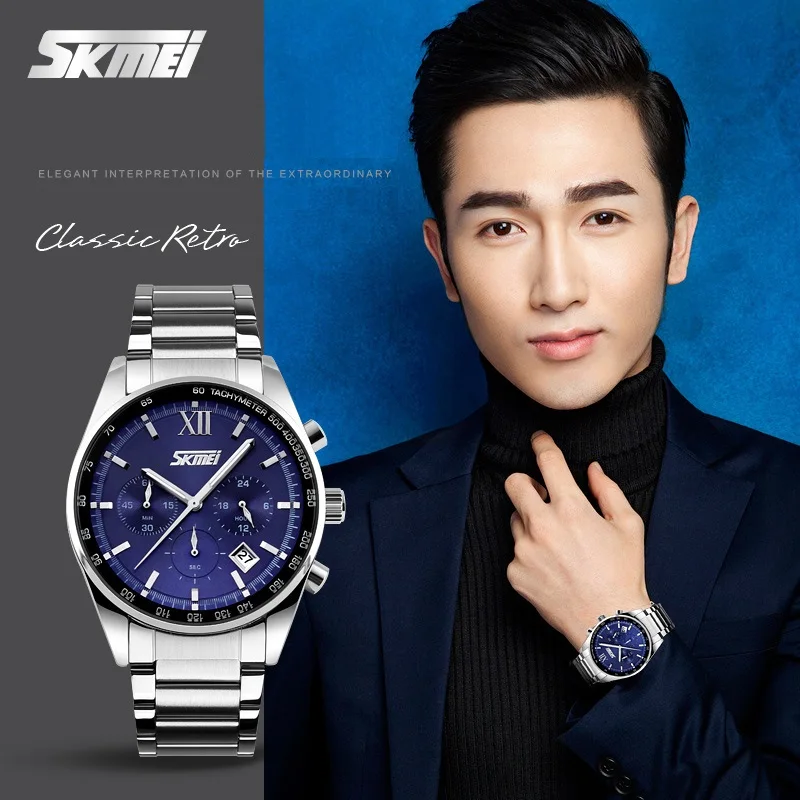 SKMEI Watches for Men Luxury Top Brand Quartz Watch Full Stainless Steel Analog Display Fashion Calendar Chronograph Wristwatch