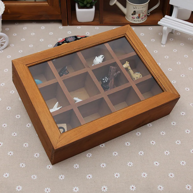 

1PC Zakka desktop storage box with wooden grocery retro glass cover 12 lattice containing small wooden jewelry box JL 0937