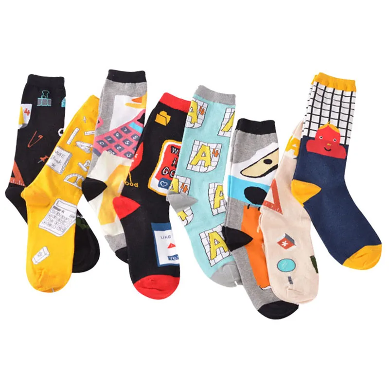 12pcs=6pairs Unisex Couples Sock Men Illustration Pattern Stationery Calculator 60%Cotton Long Tube Men Women Funny Socks Meias