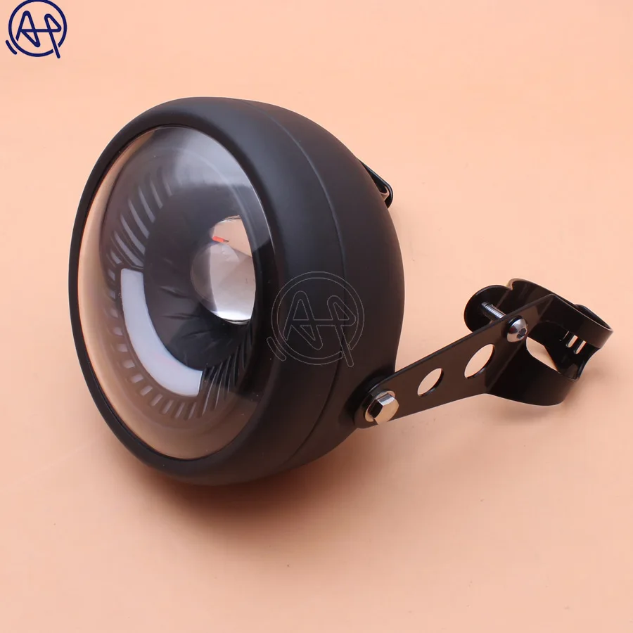 Black Motorcycle Metal Projector DRL LED Front Headlight With Angel Eye +35-43mm Fork Tubes Bracket For CG125 Cafe Racer