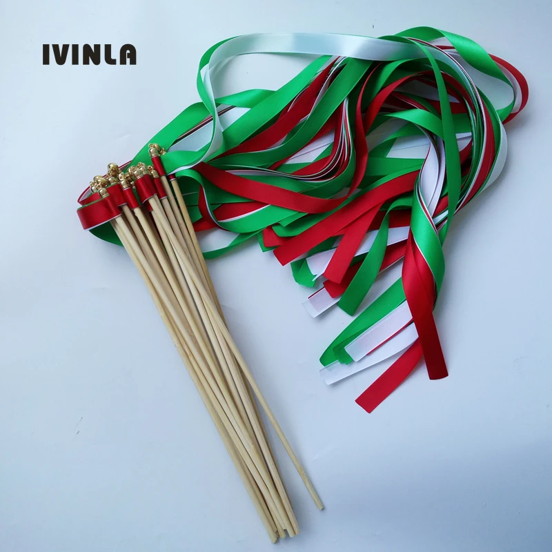 

Newest green white and red Wedding ribbon Wands stick Streamers with gold Bells for wedding party