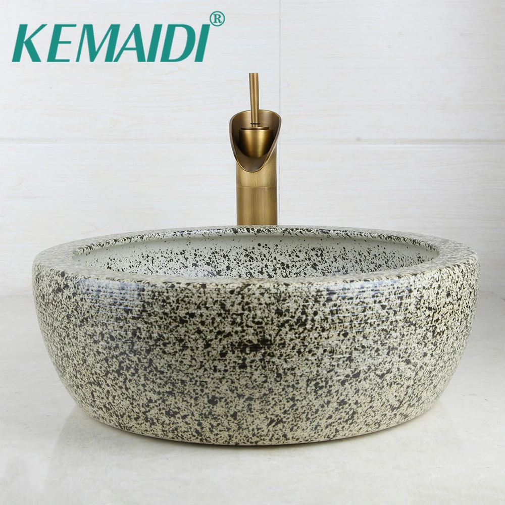 

KEMAIDI Luxury Bathroom Sink Hand Paint Washbasin Tempered Ceramic Basin Sink With Waterfall Faucet Taps Vessel Water Drain Set