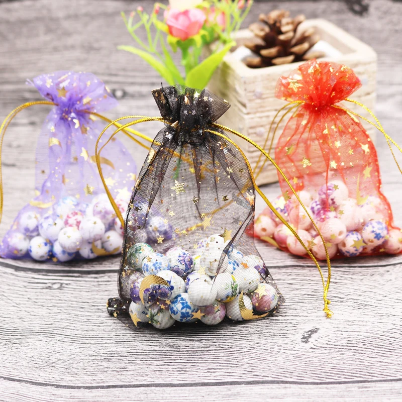 100 sztuk/partia Moon Star Organza torby 7x9 9x12cm małe boże narodzenie sznurek torba prezent biżuteria ślubna torby i torebki