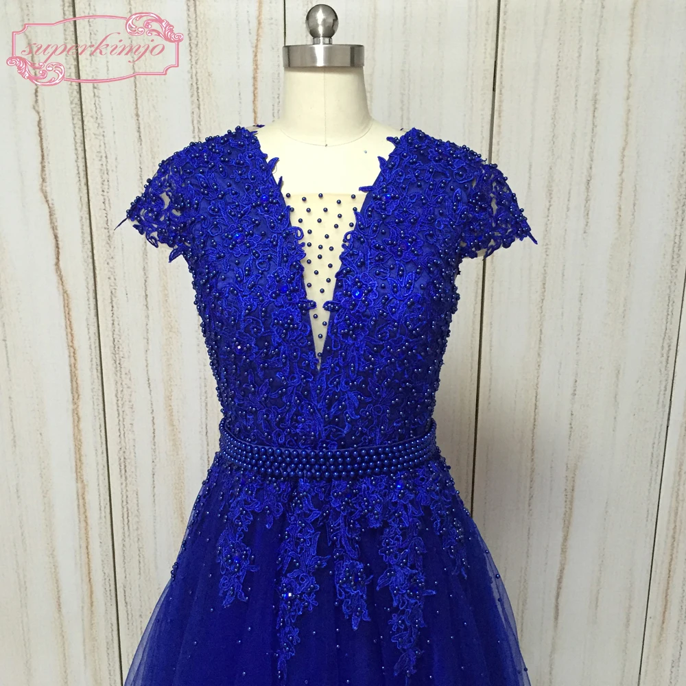 SuperKimJo abiti da sera abiti con scollo a v appliques del merletto perle borda manicotto della protezione royal blue prom dresses vestidos de fiesta