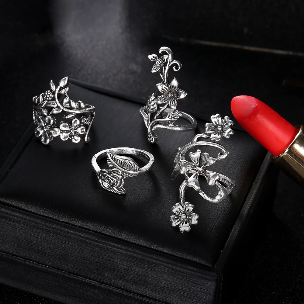 4pcs Vintage Rose Flower Ring Set for Women Antique Silver Color Leaf Carving Knuckle Rings Bohemian Jewelry Statement 008