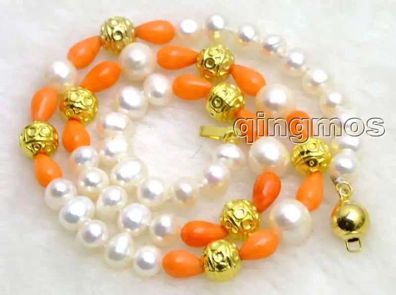 SALE 6-7mm white natural round pearl with 5*9mm Orange coral drop 17