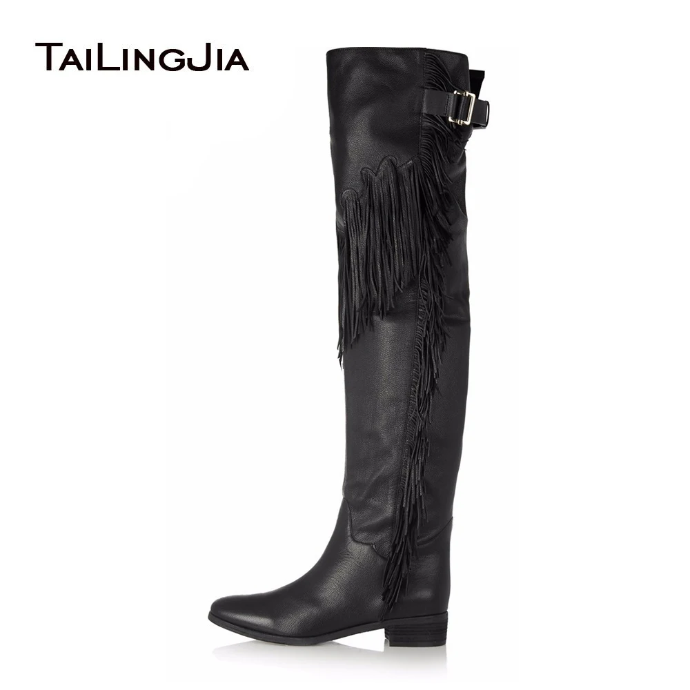 

Women Black Brown Flat Tassel Over Knee High Boots 2021 Ladies Winter Shoes Low Block Heel Thigh High Boots Plus Size Wholesale