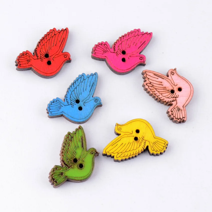 Free Shipping Retail 10Pcs Random Mixed 2 Holes Pattern Natural Back Flying Dove Wood Sewing Buttons Scrapbooking 25x16mm