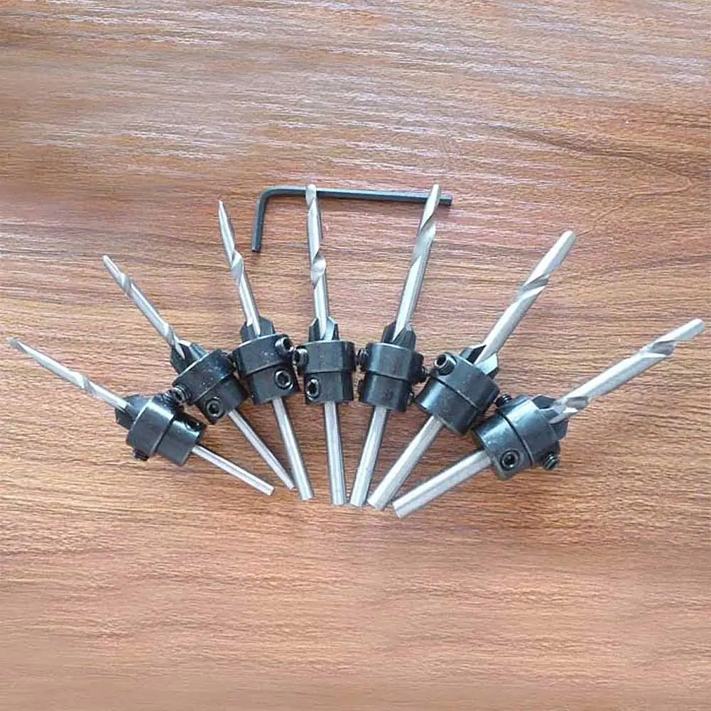 7PCS Tapered Countersink Drill Bit HSS Woodworking Tools Hex Shaft Tapered Wood Adjustable Depth Hole Cutter Screw Pilot Drill