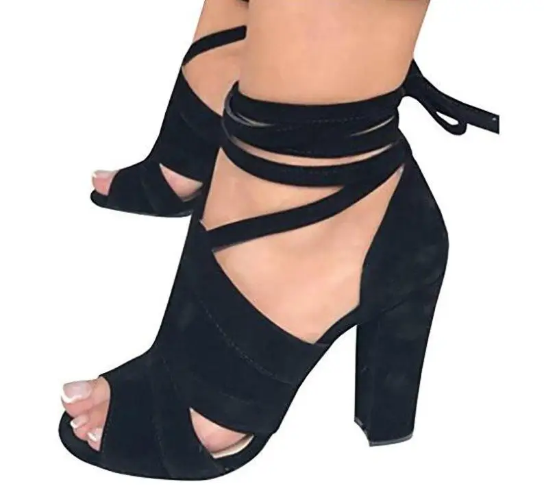 

womens summer sandals square heel Shoes High Heels Side Empty Ankle Cross Straps Open Toe Sandals sandalias